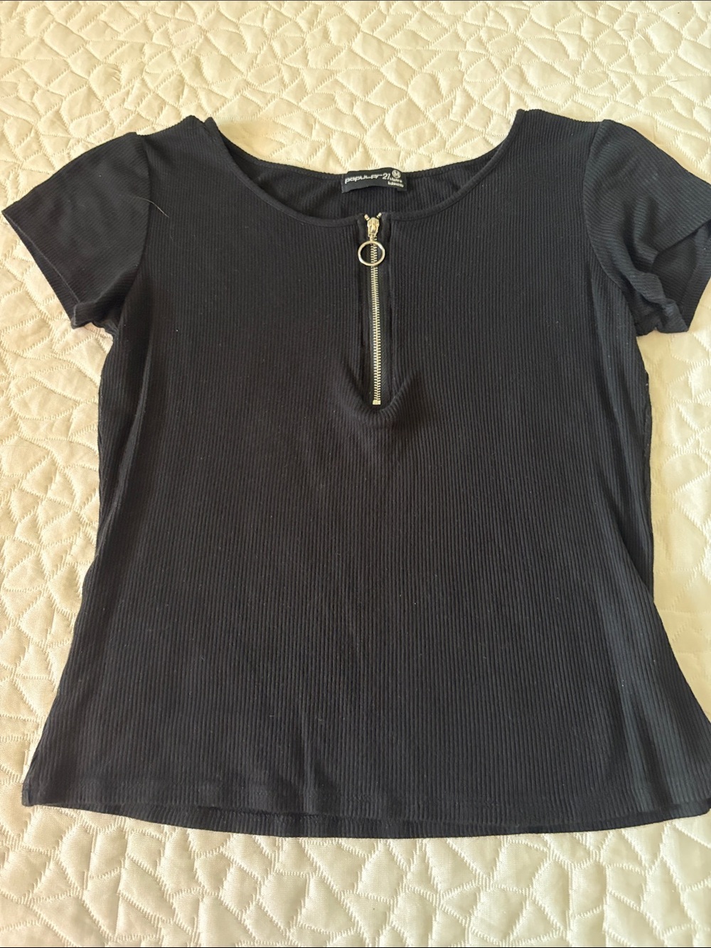 Women's Black Ribbed Short Sleeve Top with Front Ring Zip